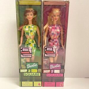 Two 2000 Hip 2 Be Square Barbie Dolls Pink 28313 Green 28316